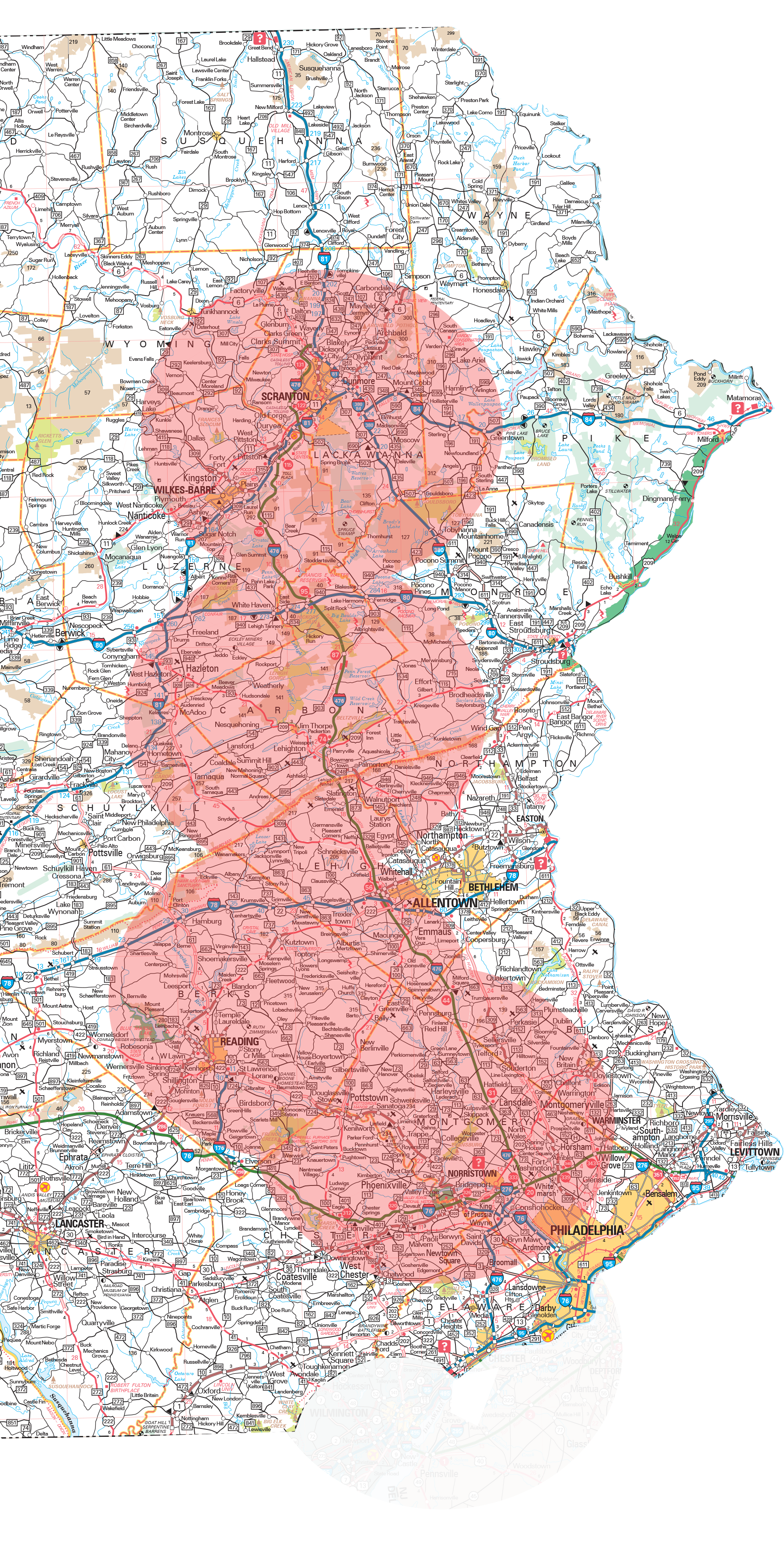 Detailed map of Granite Electric's highlighted service area across Northeast and Southeast Pennsylvania